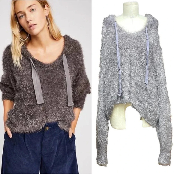 Free People‎ Light As A Feather Hoodie Gray Eyelash Hoodie Sweater Size XS - Picture 1 of 8